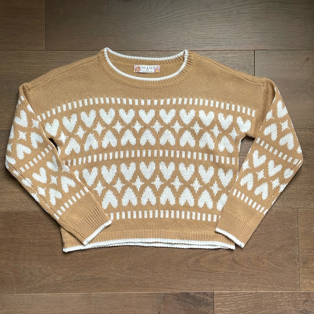 NWT Jolie & Joe Girls lightweight Knit Sweater Size Large 14 Camel Hearts